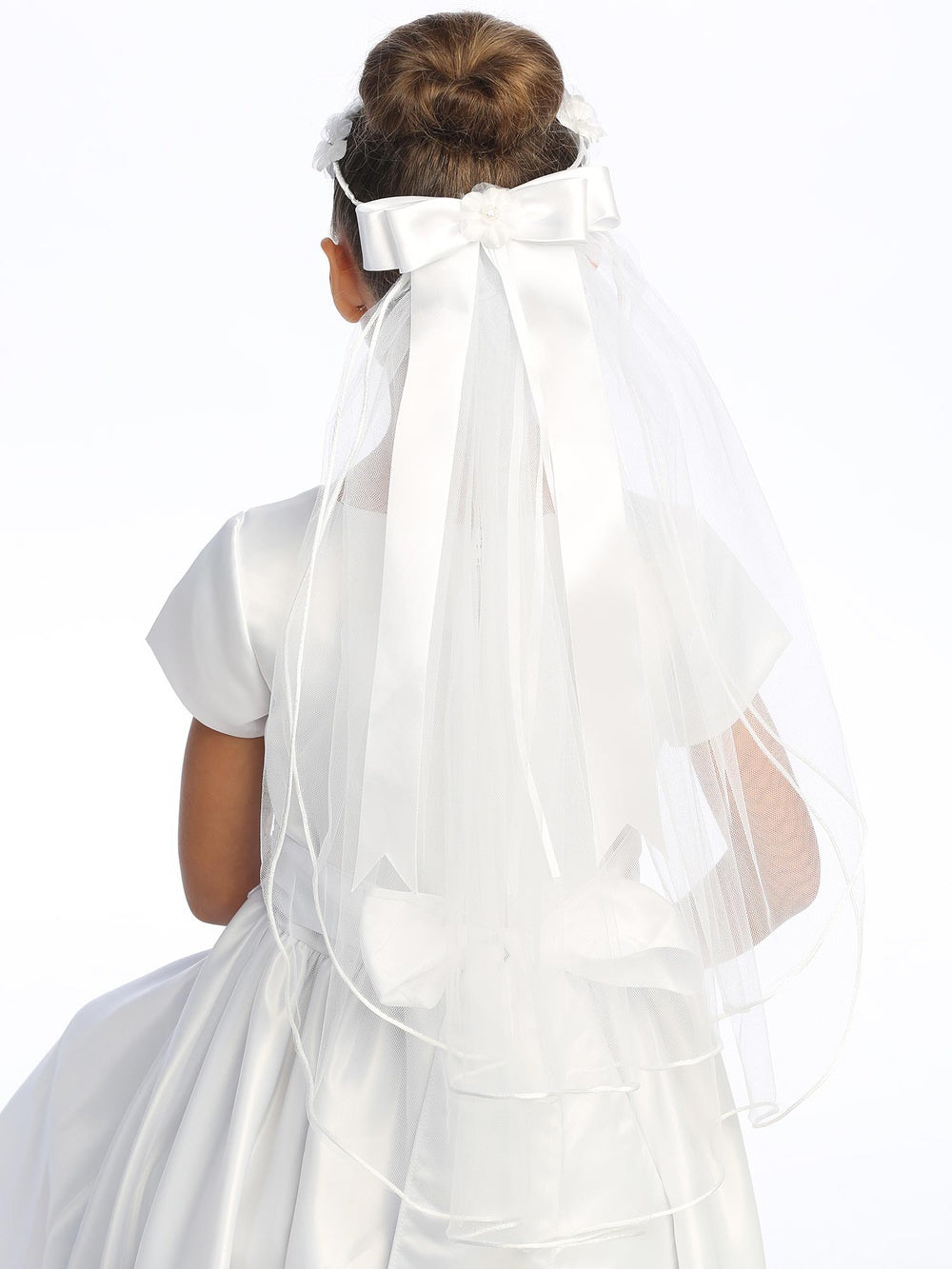 T-351 - 24" Flower & Rhinestone Communion Veil - white - T 351 Back