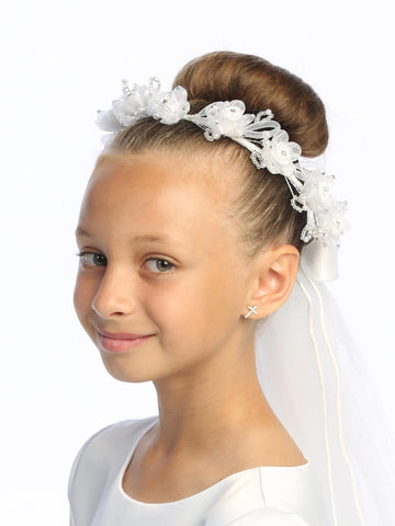 T-330 - 24" Satin Rose & Rhinestone Communion Veil - white - T 330 1