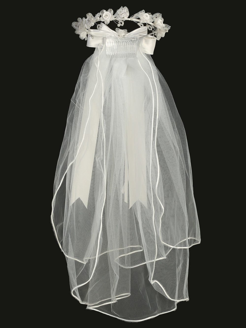 T-330 - 24" Satin Rose & Rhinestone Communion Veil - white - T 330 Front Full