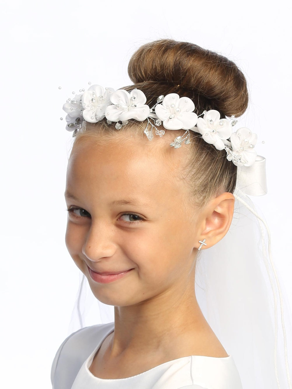 T-500 - 24" Satin Flower, Pearl & Rhinestone Communion Veil - white - T 500 1