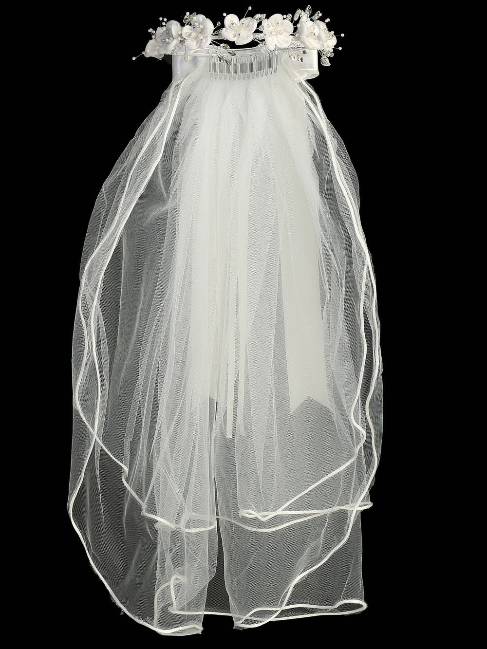 T-500 - 24" Satin Flower, Pearl & Rhinestone Communion Veil - white - T 500 Front