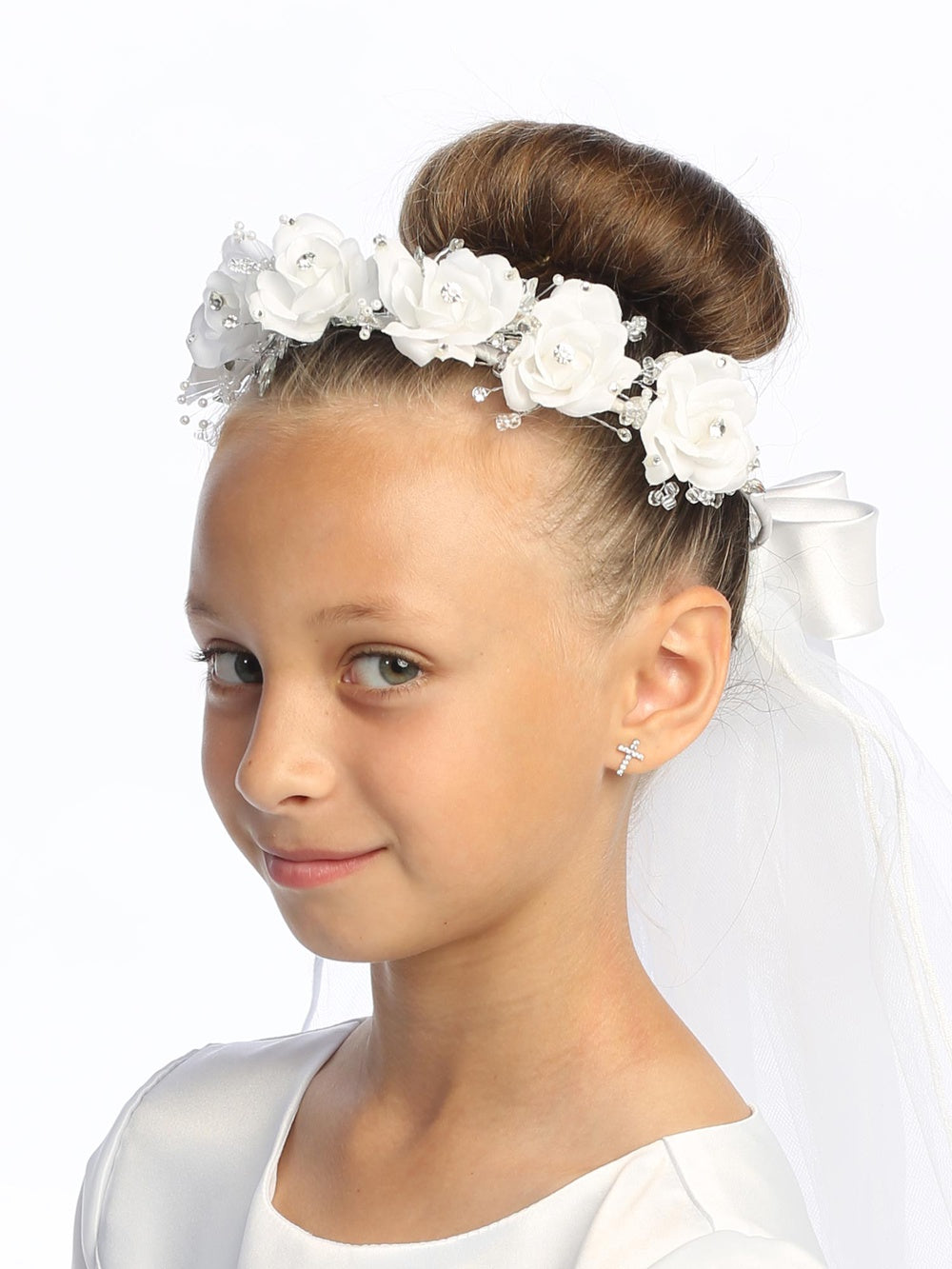 T-501 - 24" Silk Flower & Rhinestone Communion Veil - white - T 501 1