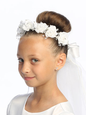 T-501 - 24" Silk Flower & Rhinestone Communion Veil - white - T 501 1