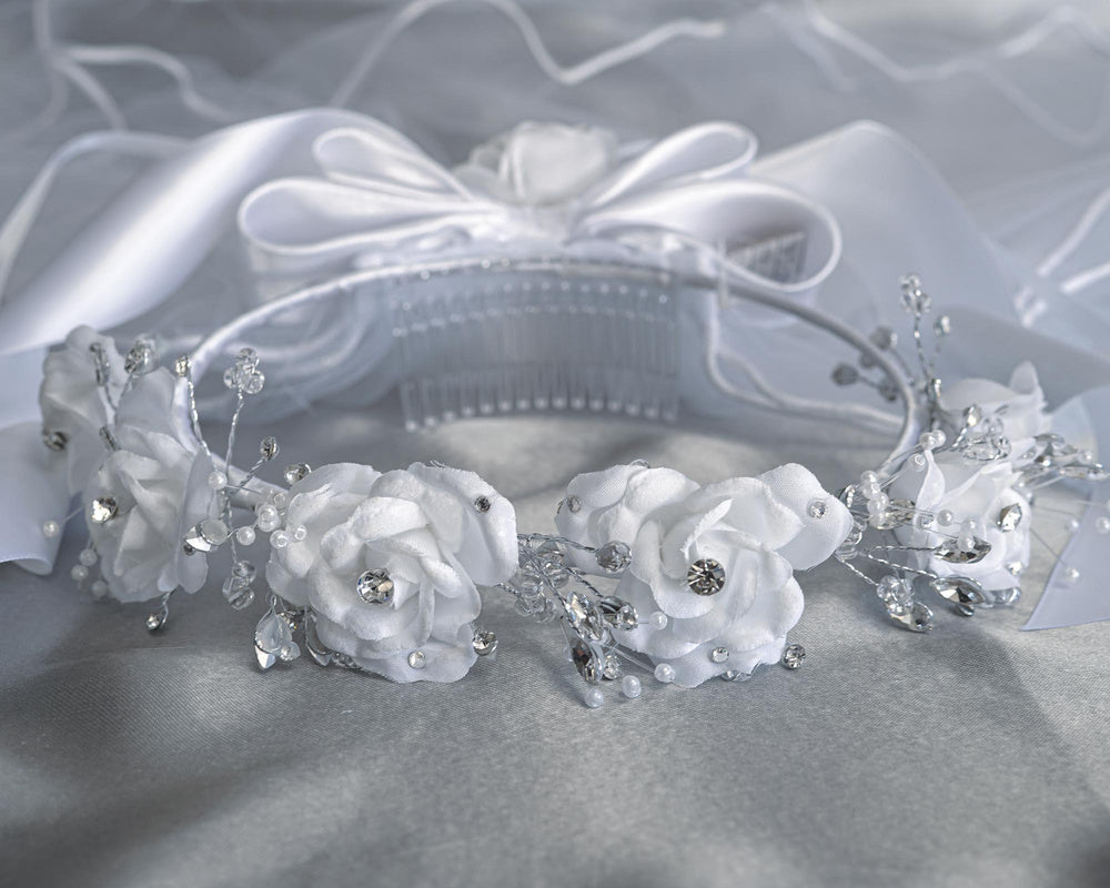 T-501 - 24" Silk Flower & Rhinestone Communion Veil - white - T 501 CB Front
