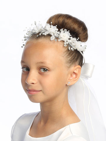T-509 - 24" Organza Flower, Pearl & Rhinestone Communion Veil - white - T 509 1
