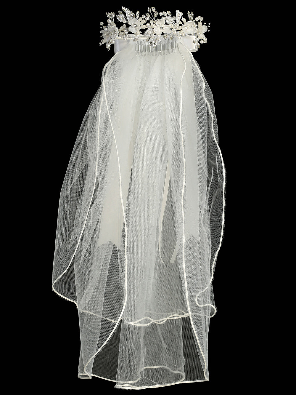 T-509 - 24" Organza Flower, Pearl & Rhinestone Communion Veil - white - T 509 Front