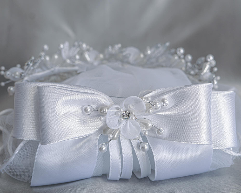 T-509 - 24" Organza Flower, Pearl & Rhinestone Communion Veil - white - T 509 CB Back