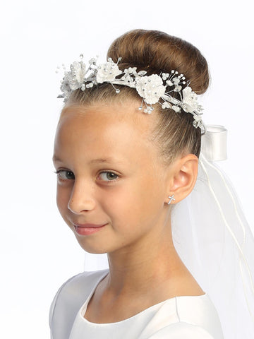 T-505 - 24" Corded Flower, Pearl & Rhinestone Communion Veil - white - T 505 1
