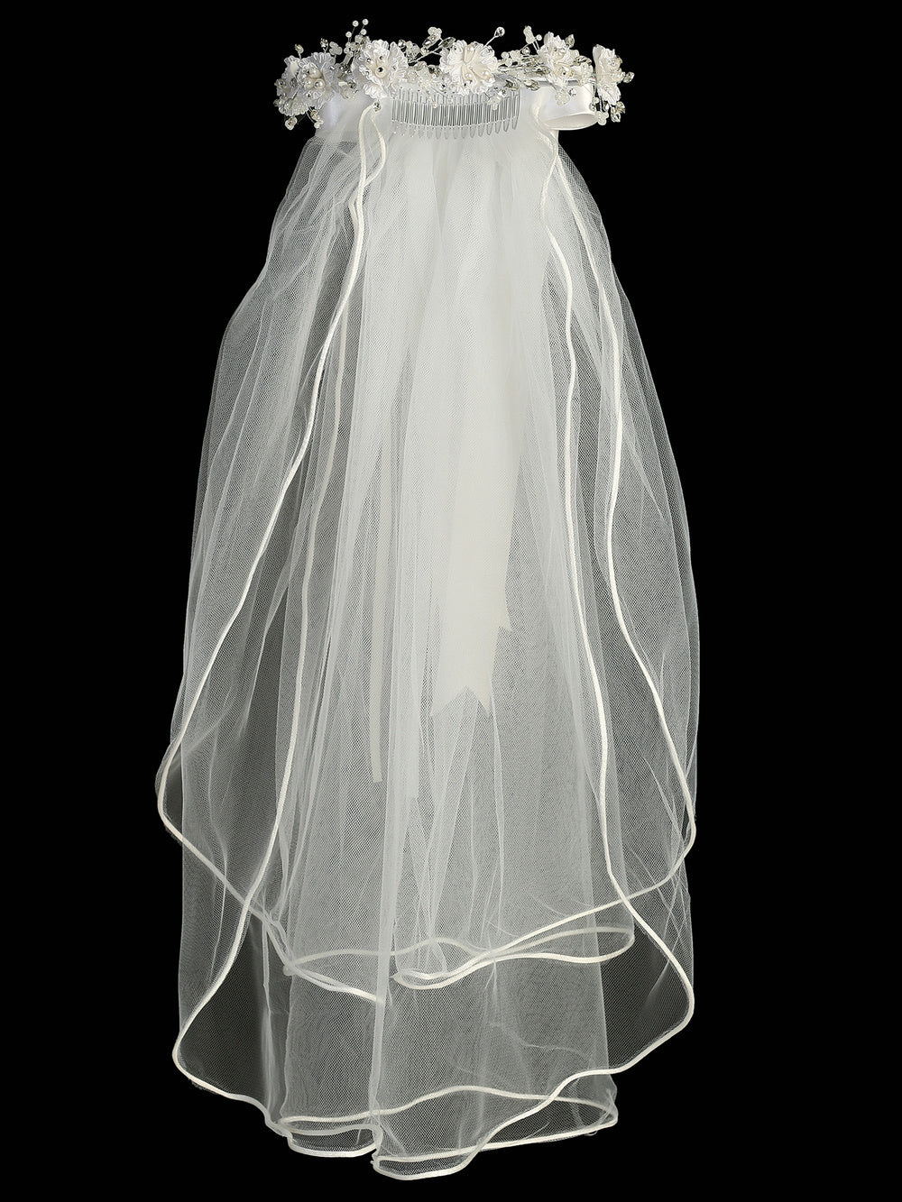 T-505 - 24" Corded Flower, Pearl & Rhinestone Communion Veil - white - T 505 Front