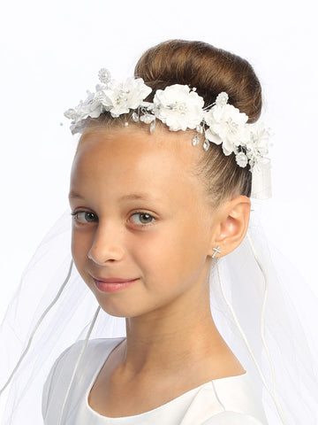 T-507 - 24" Silk & Organza Flower Communion Veil - white - T 507 1