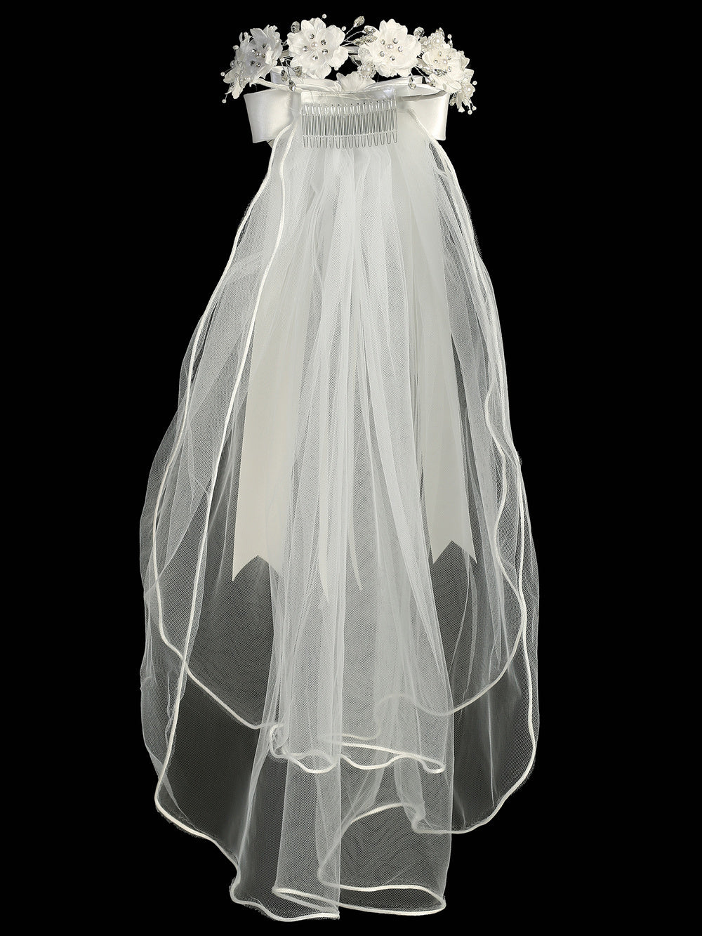 T-507 - 24" Silk & Organza Flower Communion Veil - white - T 507 Front