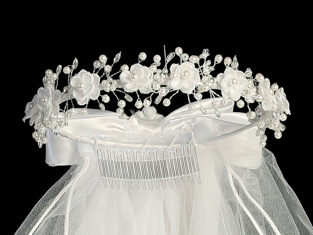 T-20 - 24" Corded Flower & Bead Communion Veil - white - T 20 Closeup 01