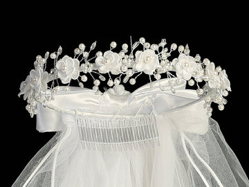 T-20 - 24" Corded Flower & Bead Communion Veil - white - T 20 Closeup 01