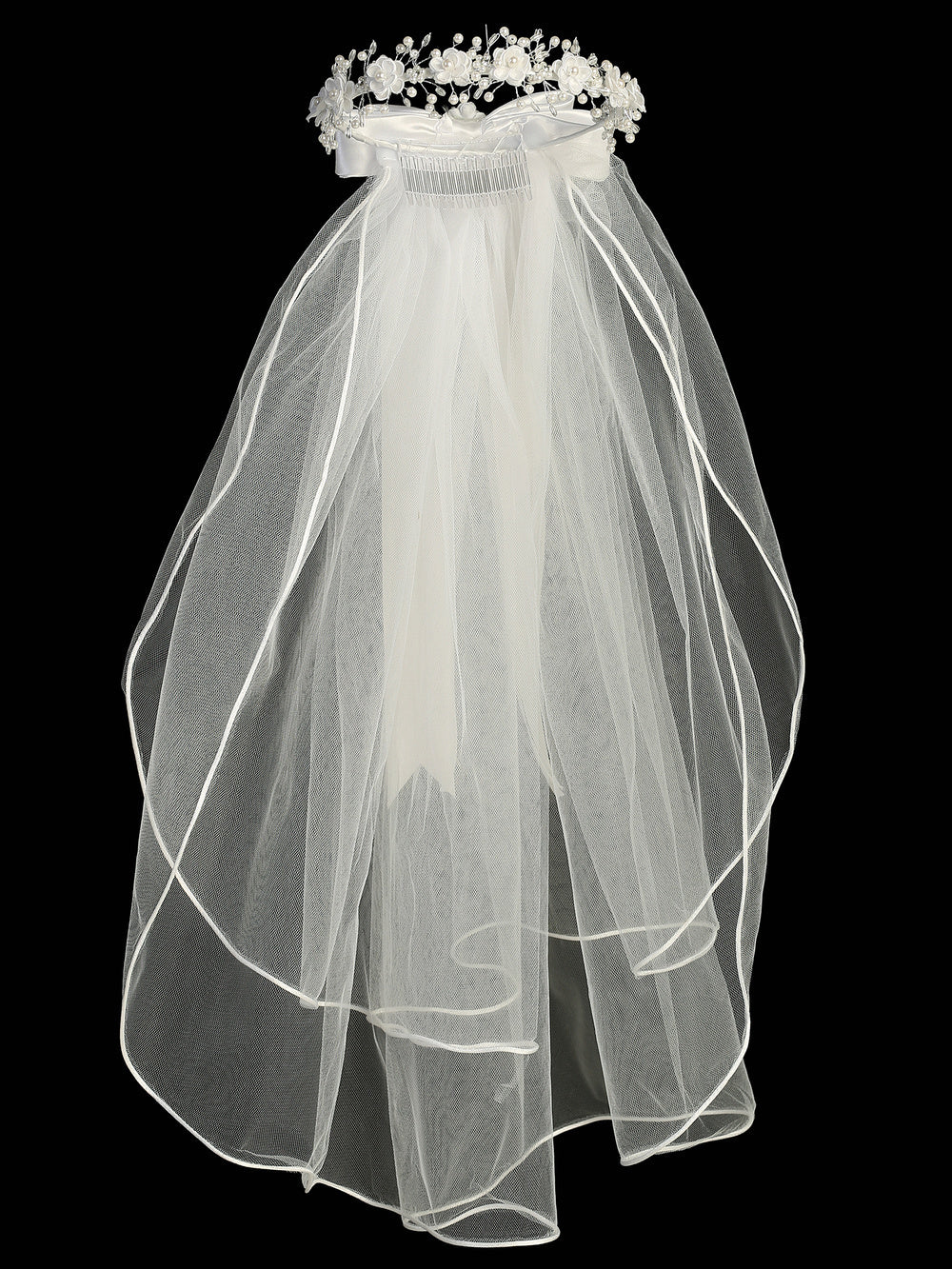 T-20 - 24" Corded Flower & Bead Communion Veil - white - T 20 Front