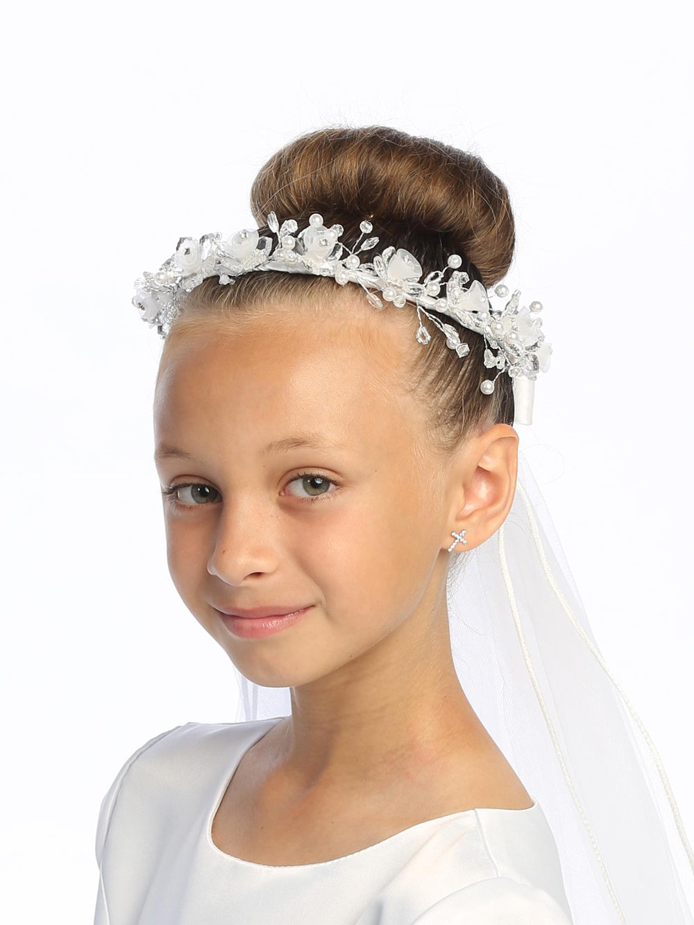 T-28 - 24" Crystal & Organza Flower Communion Veil - white - T 28 1