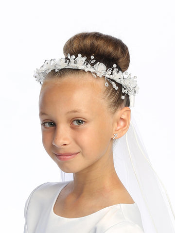 T-28 - 24" Crystal & Organza Flower Communion Veil - white - T 28 1