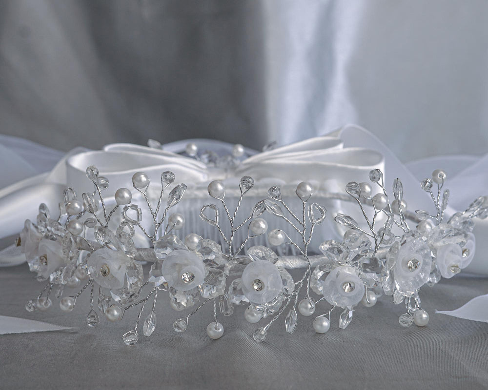 T-28 - 24" Crystal & Organza Flower Communion Veil - white - T 28 CB Front
