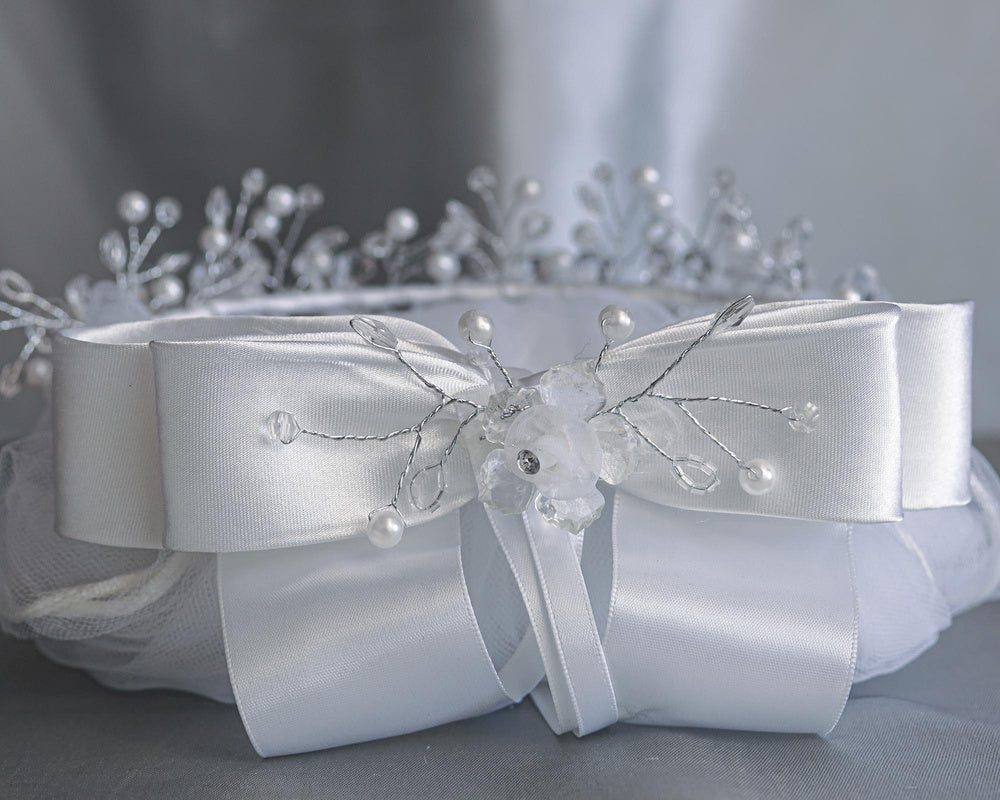 T-28 - 24" Crystal & Organza Flower Communion Veil - white - T 28 CB Back