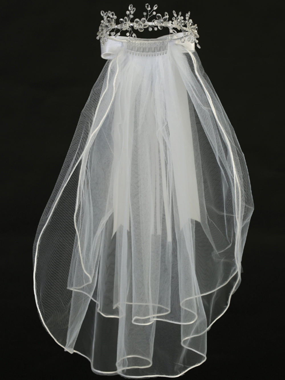 T-29 - 24" Crystal Flower & Bead Communion Veil - white - T 29 full front