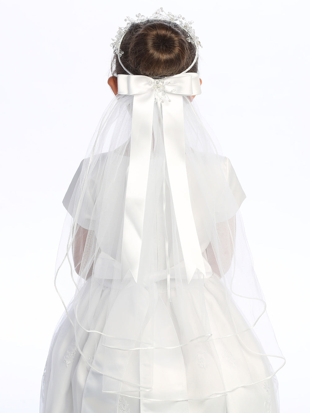 T-29 - 24" Crystal Flower & Bead Communion Veil - white - T 29 BACK