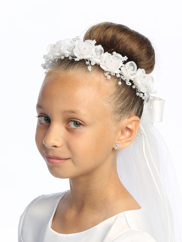 T-66 - 24" Organza Flower & Pearl Communion Veil - white - T 66 1
