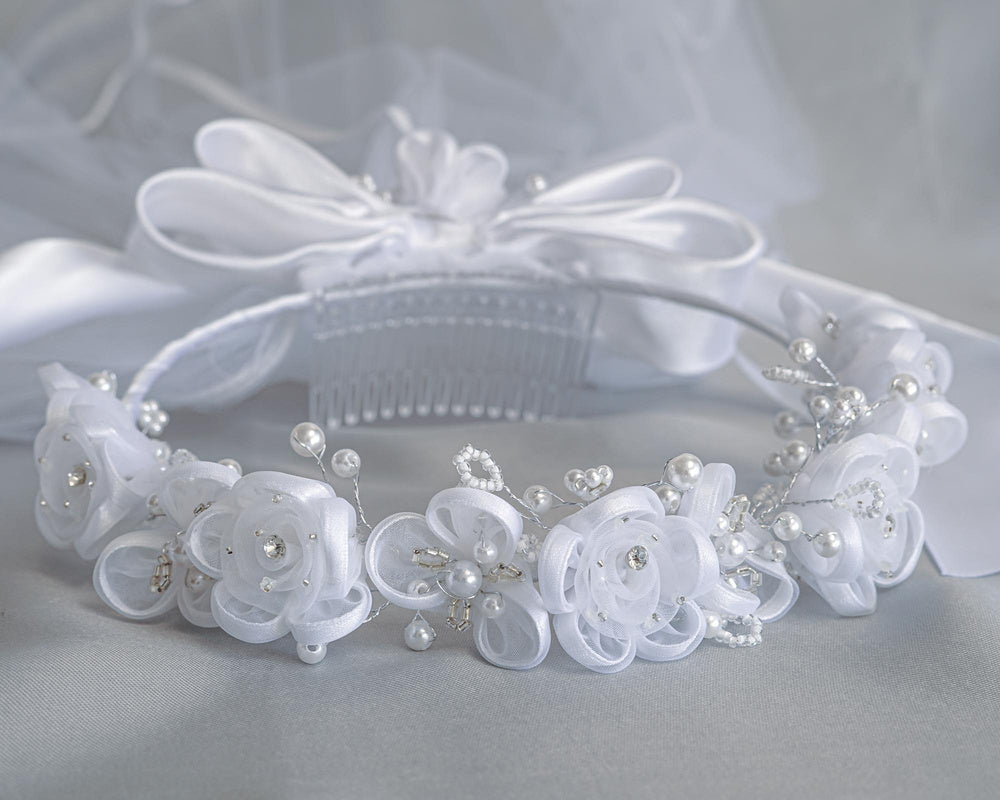 T-66 - 24" Organza Flower & Pearl Communion Veil - white - T 66 CB Front