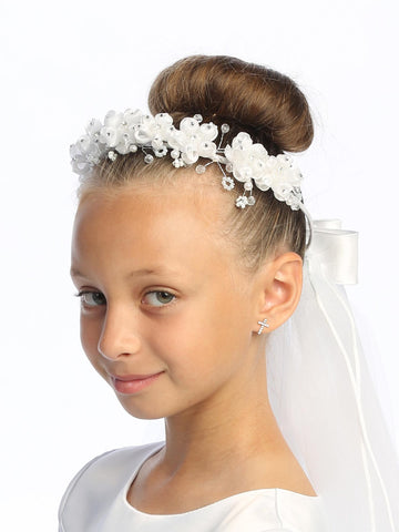 T-85 - 24" Organza Flower & Rhinestone Communion Veil - white - T 85 1