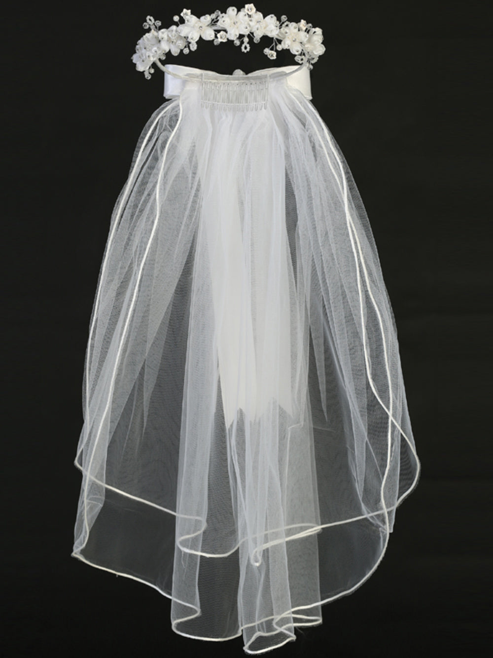 T-85 - 24" Organza Flower & Rhinestone Communion Veil - white - T 85 full front