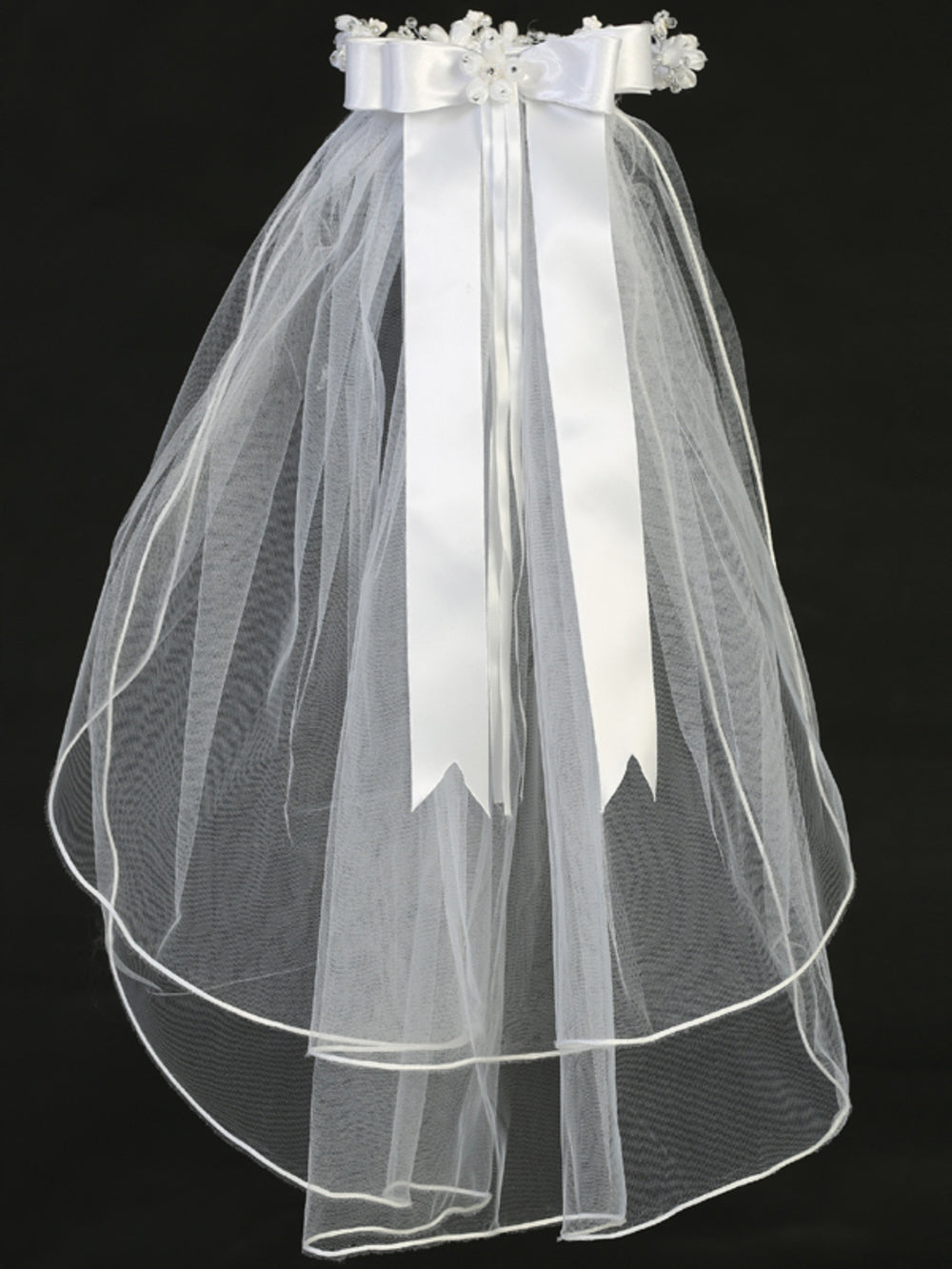 T-85 - 24" Organza Flower & Rhinestone Communion Veil - white - T 85 full back