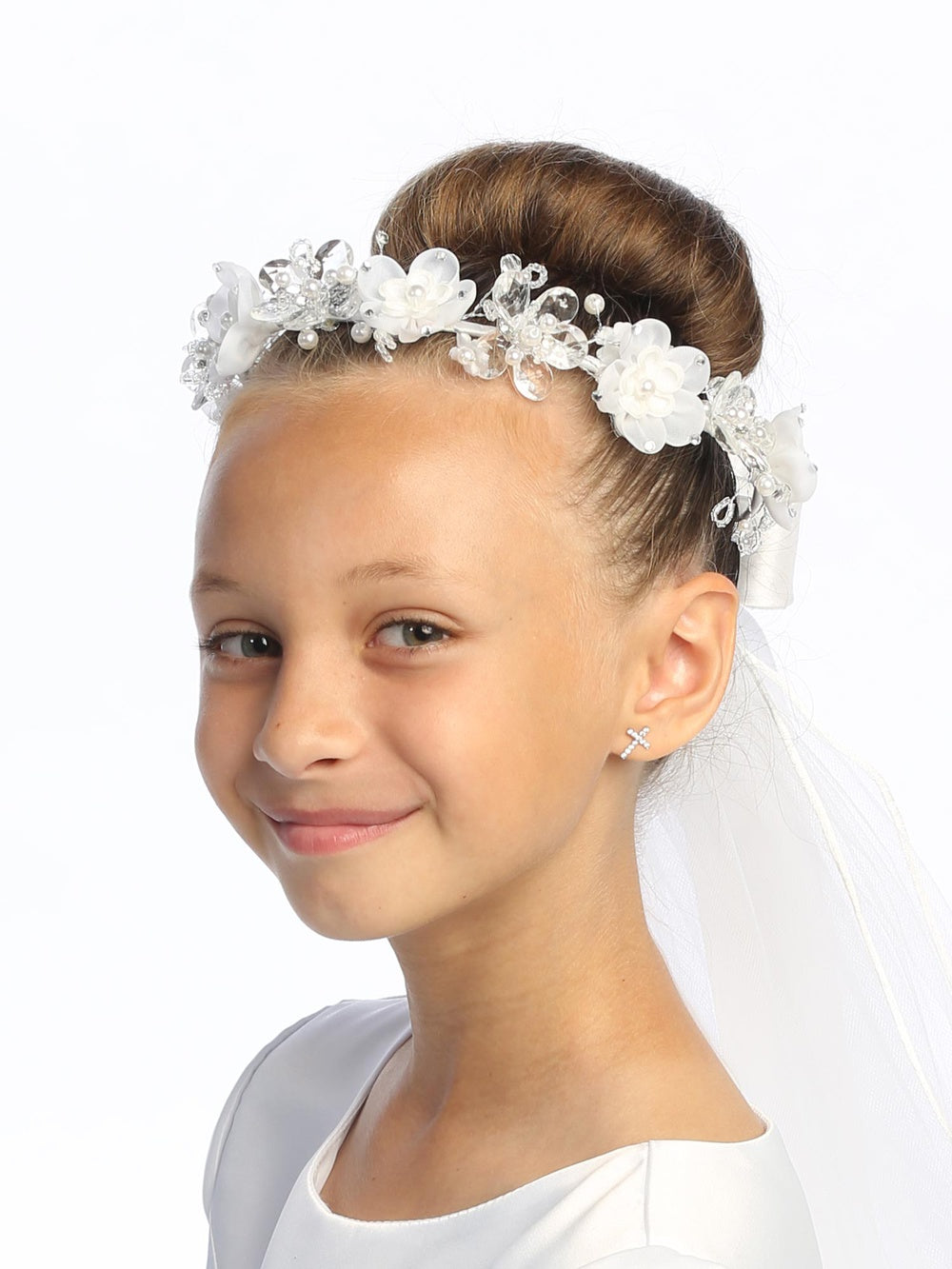 T-409 - 24" Organza & Crystal Flower Communion Veil - white - T 409 1