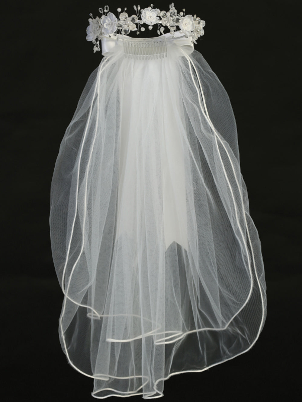 T-409 - 24" Organza & Crystal Flower Communion Veil - white - T 409 full front