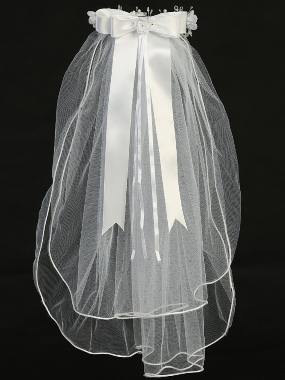 T-409 - 24" Organza & Crystal Flower Communion Veil - white - T 409 full back