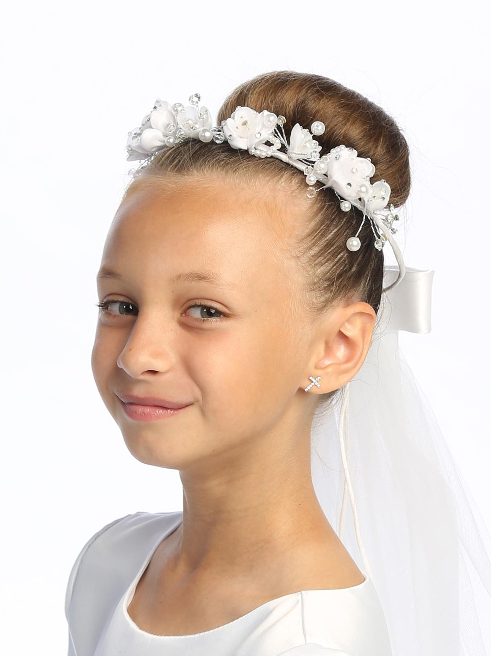 T-416 - 24" Organza Flower, Pearl & Rhinestone Communion Veil - white - T 416 1