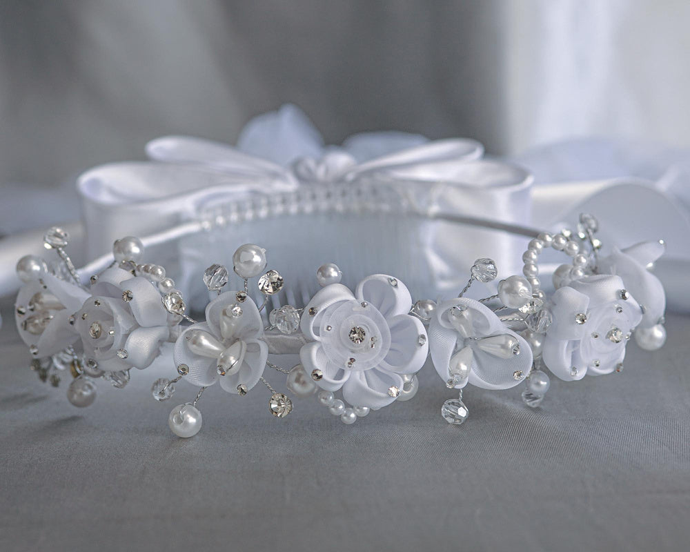 T-416 - 24" Organza Flower, Pearl & Rhinestone Communion Veil - white - T 416 CB Front