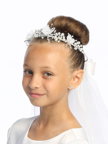 T-418 - 24" Organza Flower, Pearl & Rhinestone Communion Veil - white - T 418 1