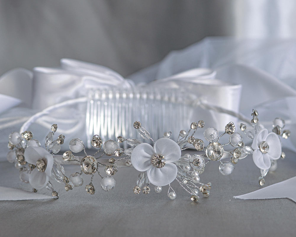 T-418 - 24" Organza Flower, Pearl & Rhinestone Communion Veil - white - T 418 CB Front