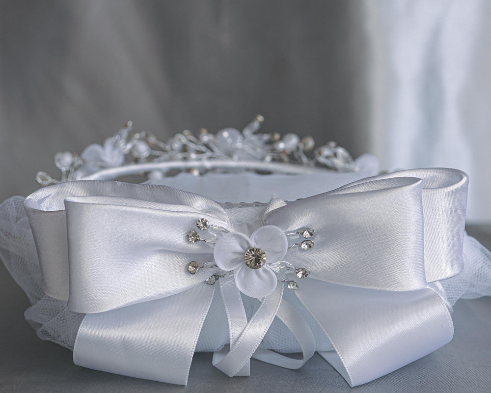 T-418 - 24" Organza Flower, Pearl & Rhinestone Communion Veil - white - T 418 CB Back