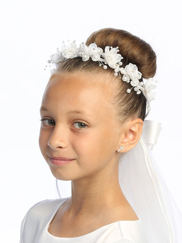 T-419 - 24" Organza Flower, Pearl & Rhinestone Communion Veil - white - T 419 1