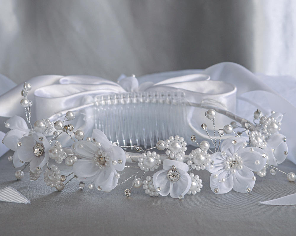 T-419 - 24" Organza Flower, Pearl & Rhinestone Communion Veil - white - T 419 CB Front