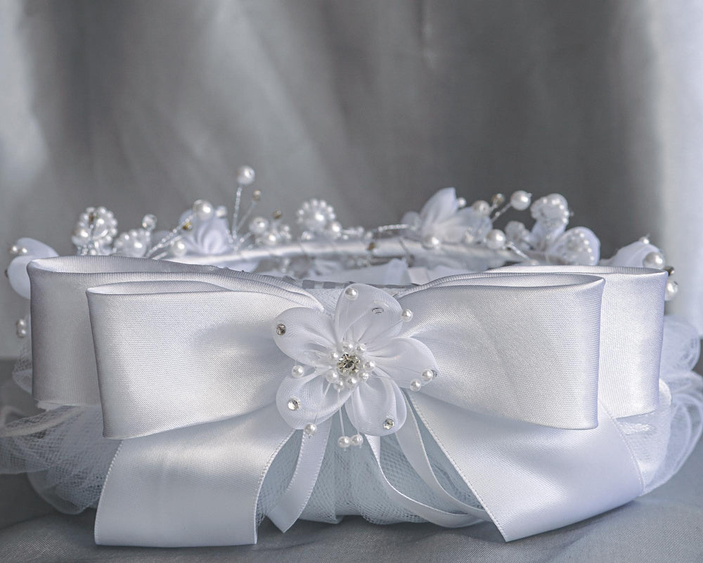 T-419 - 24" Organza Flower, Pearl & Rhinestone Communion Veil - white - T 419 CB Back
