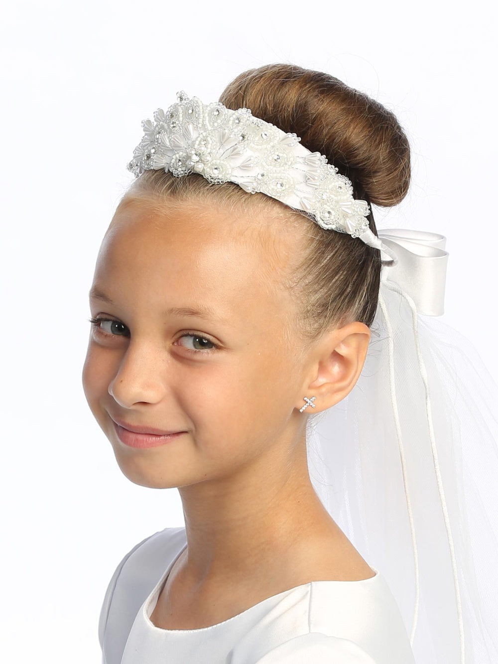 T-421 - 24" Bead & Rhinestone Communion Veil - white - T 421 1