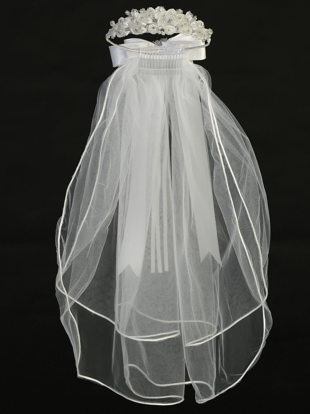 T-421 - 24" Bead & Rhinestone Communion Veil - white - T 421 Fullfront