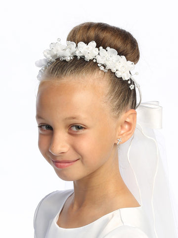 T-455 - 24" Organza & Satin Flower Communion Veil - white - T 455 1