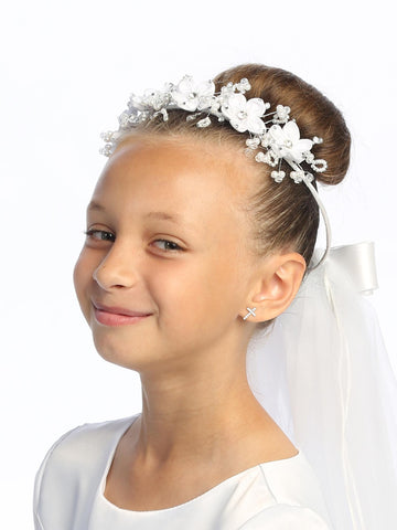 T-458 - 24" Satin Flower & Rhinestone Communion Veil - white - T 458 1