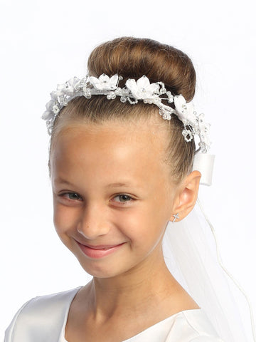 T-52 - 18" Single-Layer Satin Flower Communion Veil - white - T 52 1