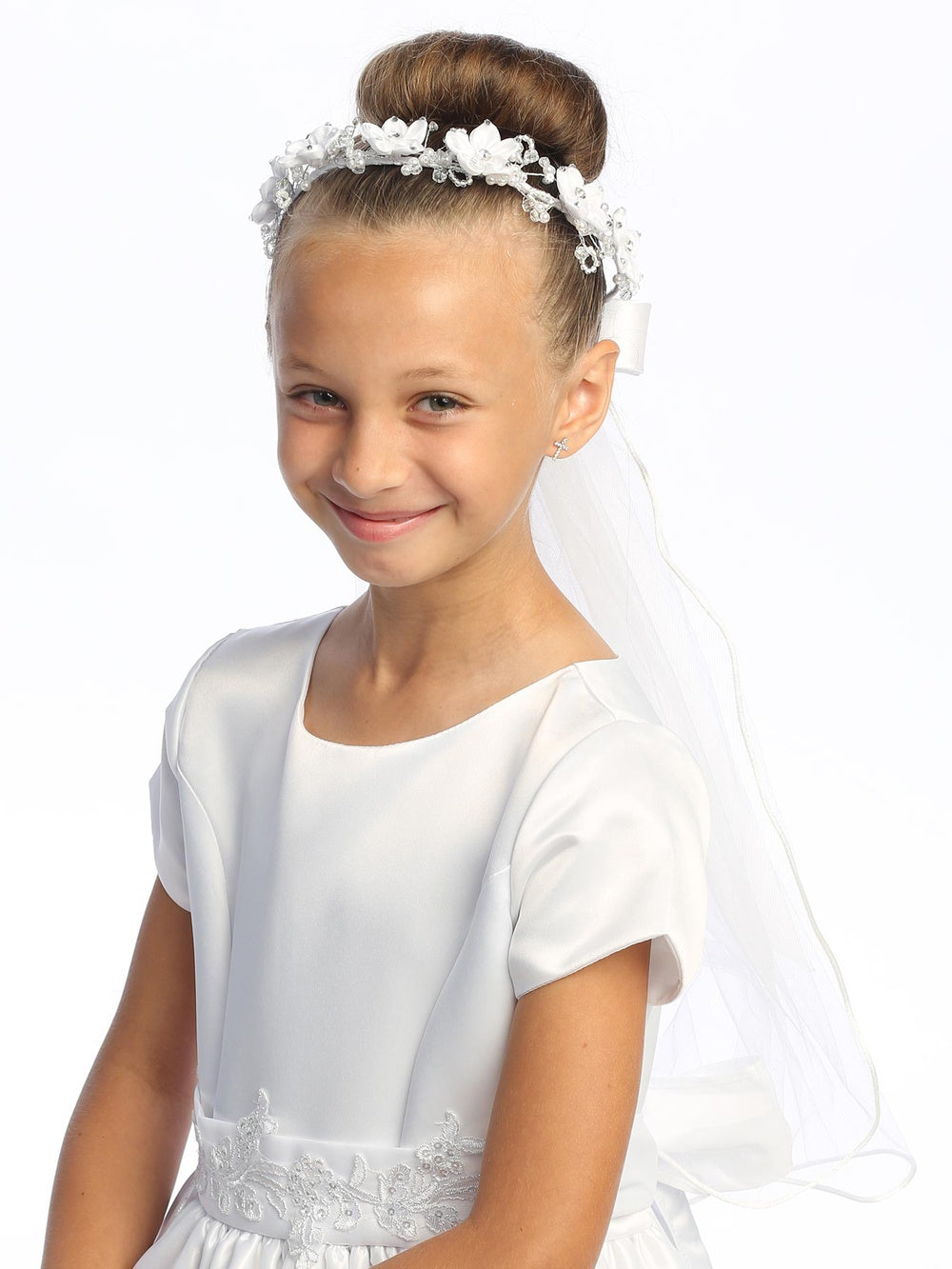 T-52 - 18" Single-Layer Satin Flower Communion Veil - white - T 52 Front