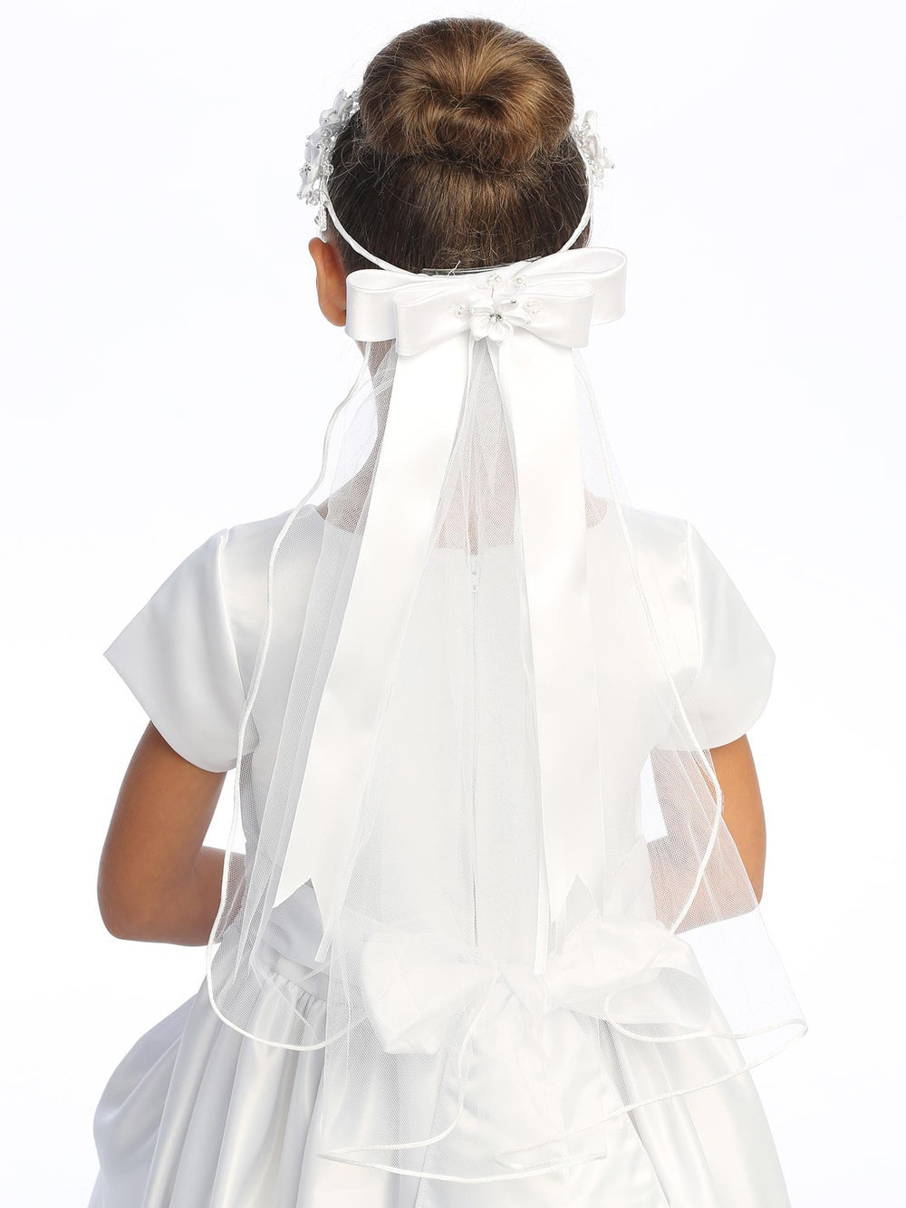 T-52 - 18" Single-Layer Satin Flower Communion Veil - white - T 52 Back