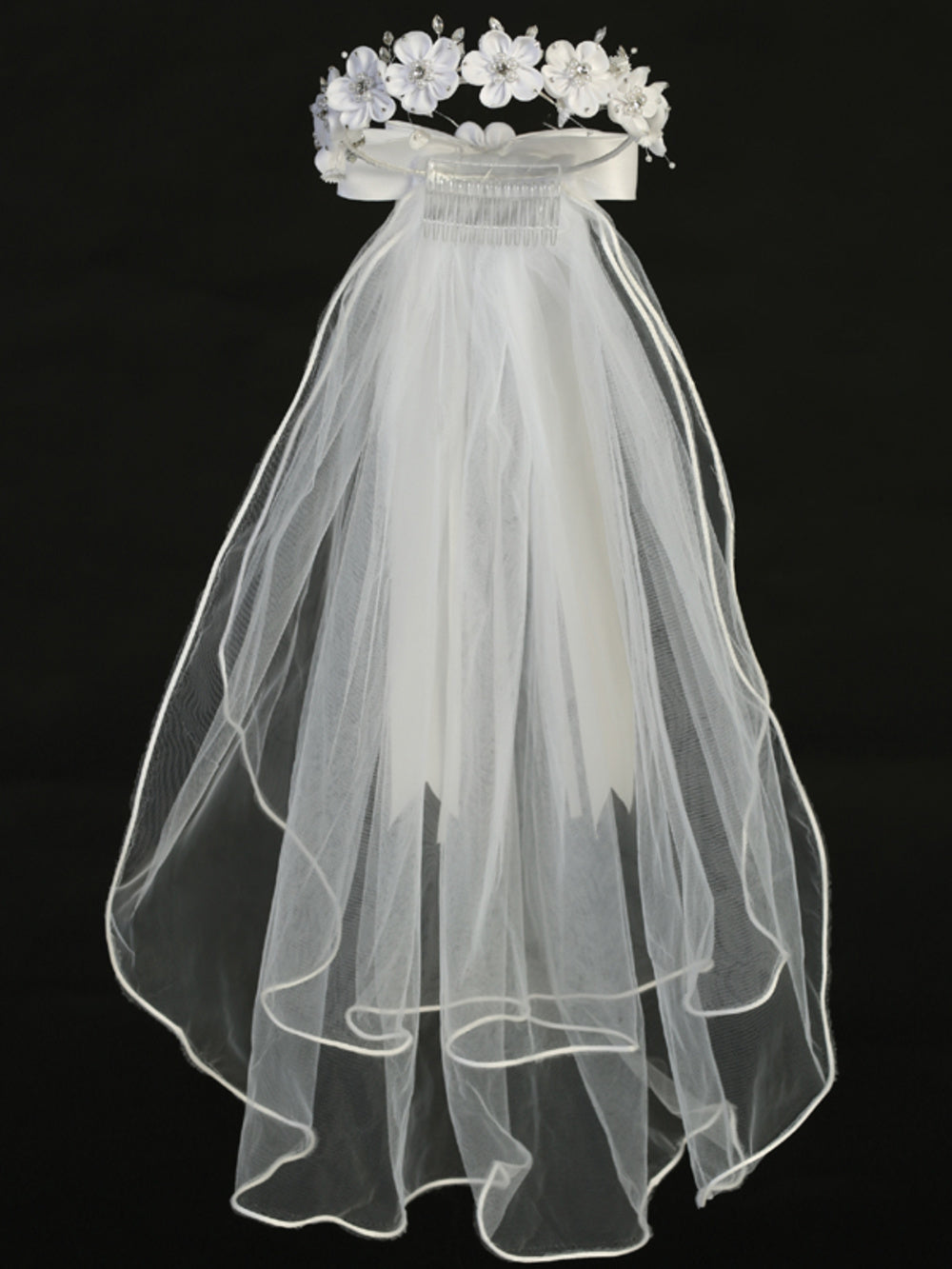 T-460 - 24" Organza Flower, Pearl & Rhinestone Communion Veil - white - T 460 full front