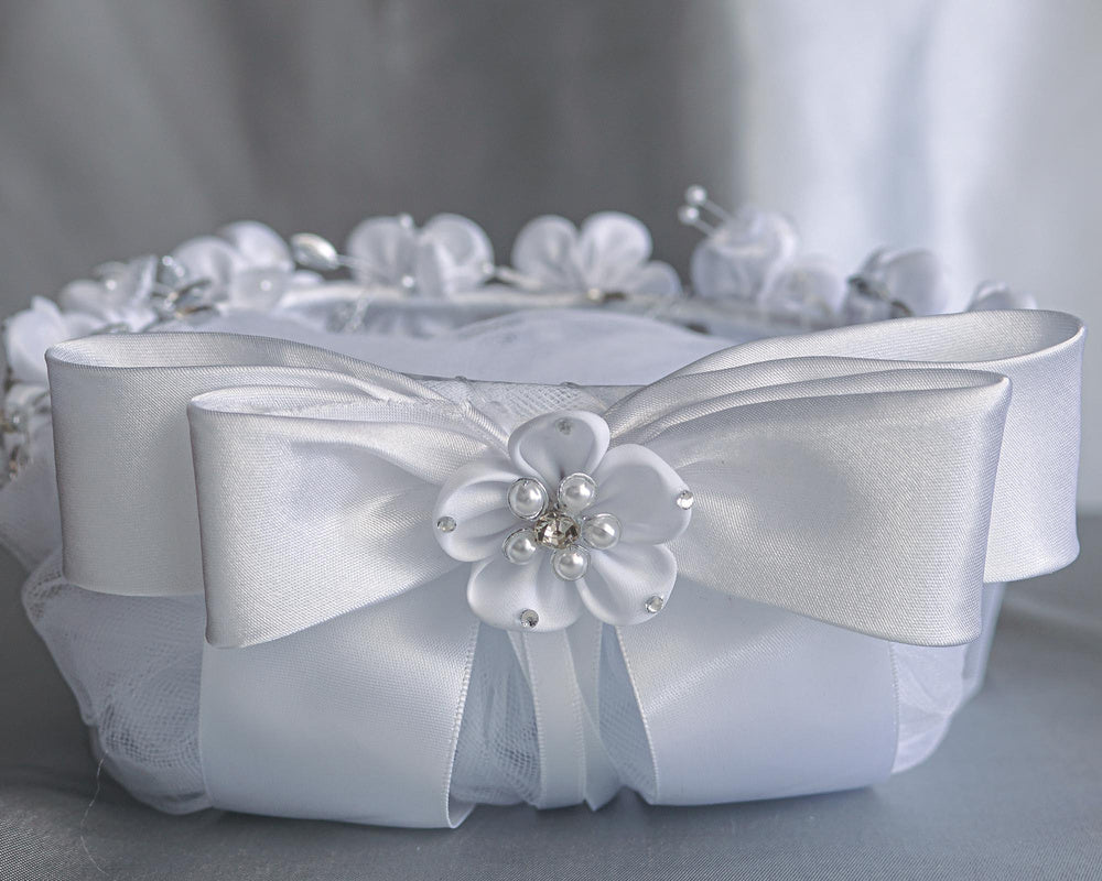 T-460 - 24" Organza Flower, Pearl & Rhinestone Communion Veil - white - T 460 CB Back