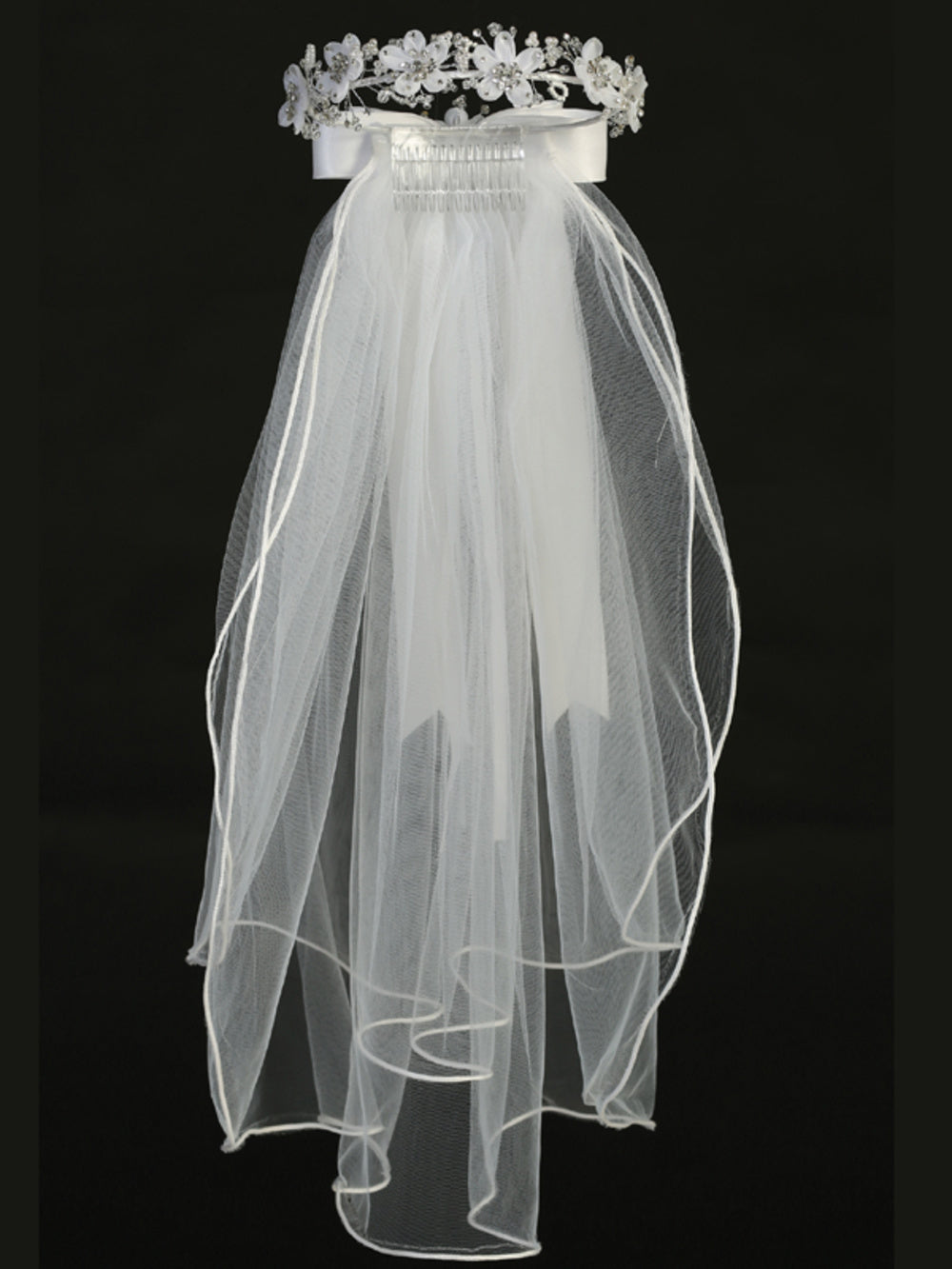 T-466 - 24" Organza Flower, Pearl & Rhinestone Communion Veil - white - T 466 full front